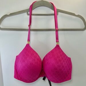 Victoria’s Secret Demi Magenta Pink Lace Gold Accents Halter Bra 34DDD
